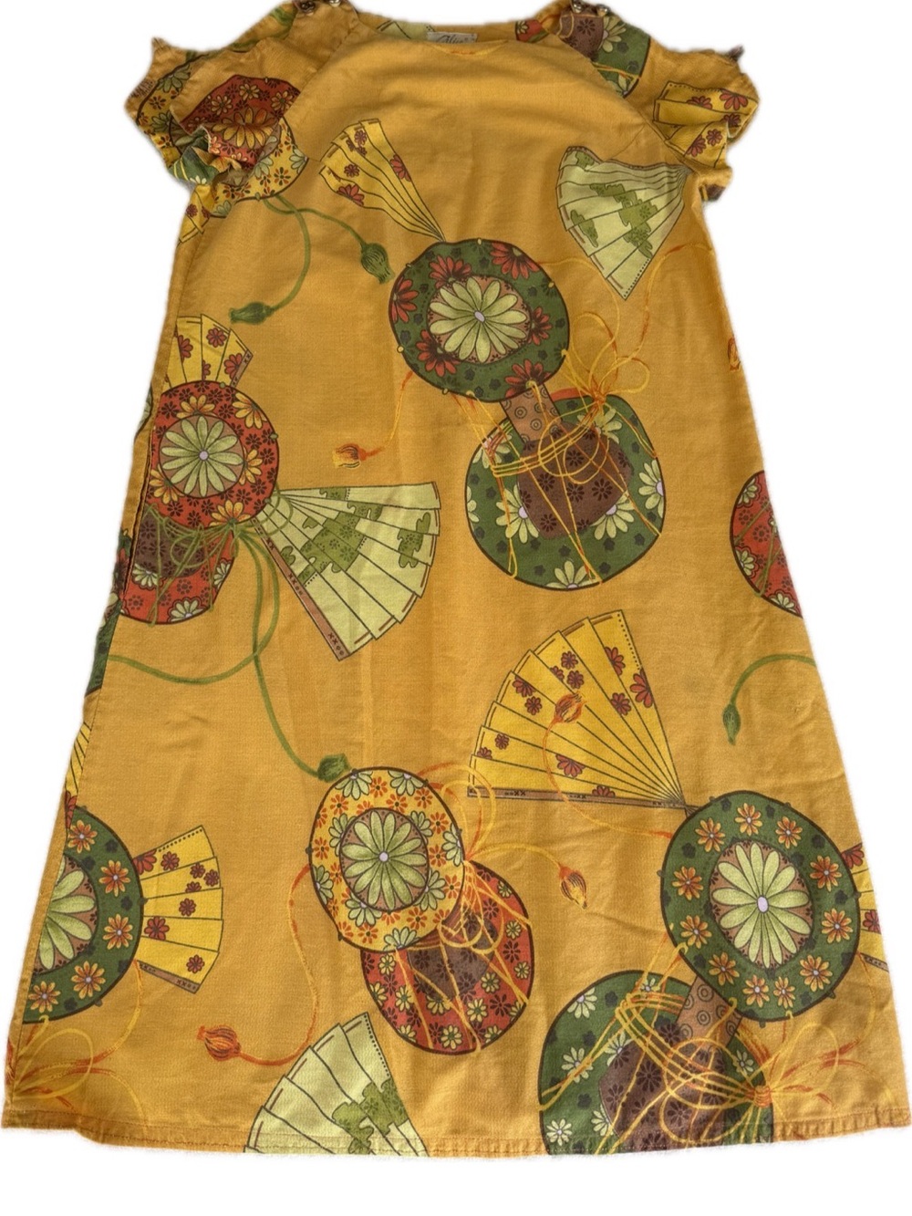 Vintage late 60s Alice of California  Dress keyhole shoulder Japanese fans Motif